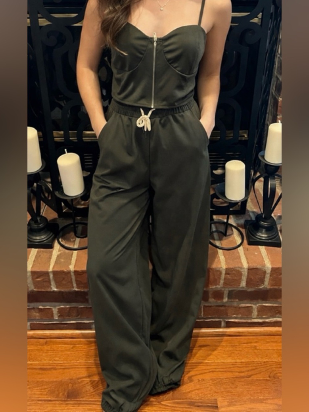 Sonia Betro Olive Green Spaghetti-Strap Cropped Top Jogger Pant Set Size:XL NWOT